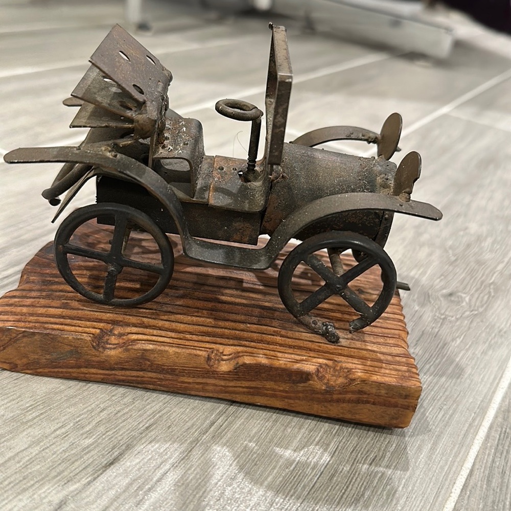 Vintage Metal Car Collectable Hand Made on a Wooden Display